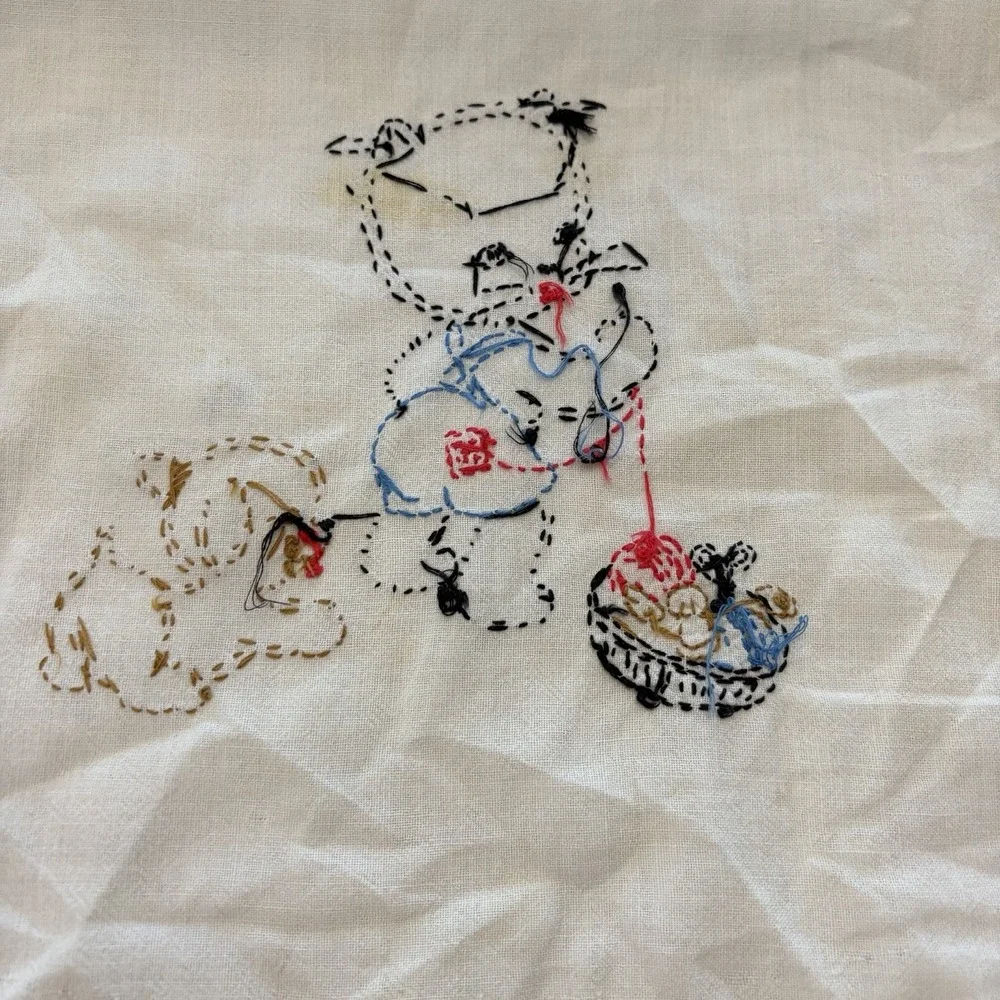 Vintage Embroidered Kitten Puppy Linen Towel 19x27 Craft Fabric Cutter Upcycle